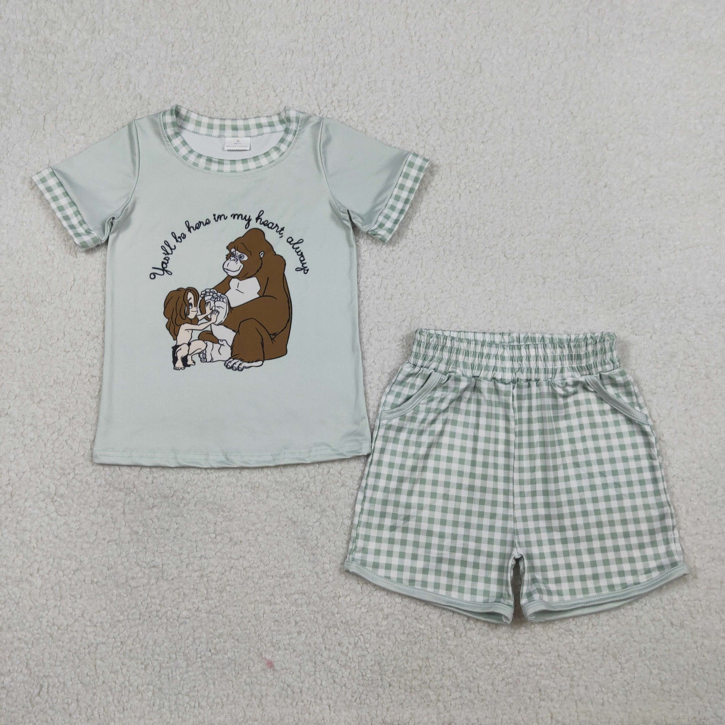 RTS Baby Girls Short Sleeves Monkey Tops Plaid Bows Pockets Shorts Cartoon Set