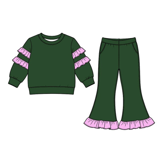 Moq 5 Preorder Baby Girls Kids Ruffle Long Sleeves Shirt Pockets Pants Cotton Set Green Clothes
