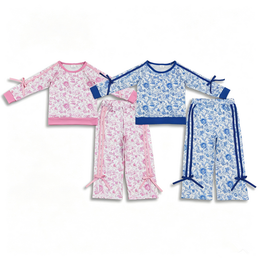 Sibling Baby Girls Kids Bows Long Sleeves Flowers Shirts Bows Pockets Pants Sets Clothes