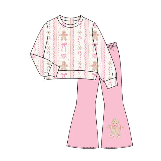 Moq 5 Preorder Baby Girls Kids Long Sleeves Gingerbread Bows Christmas Shirt Pink Pants Set Clothes