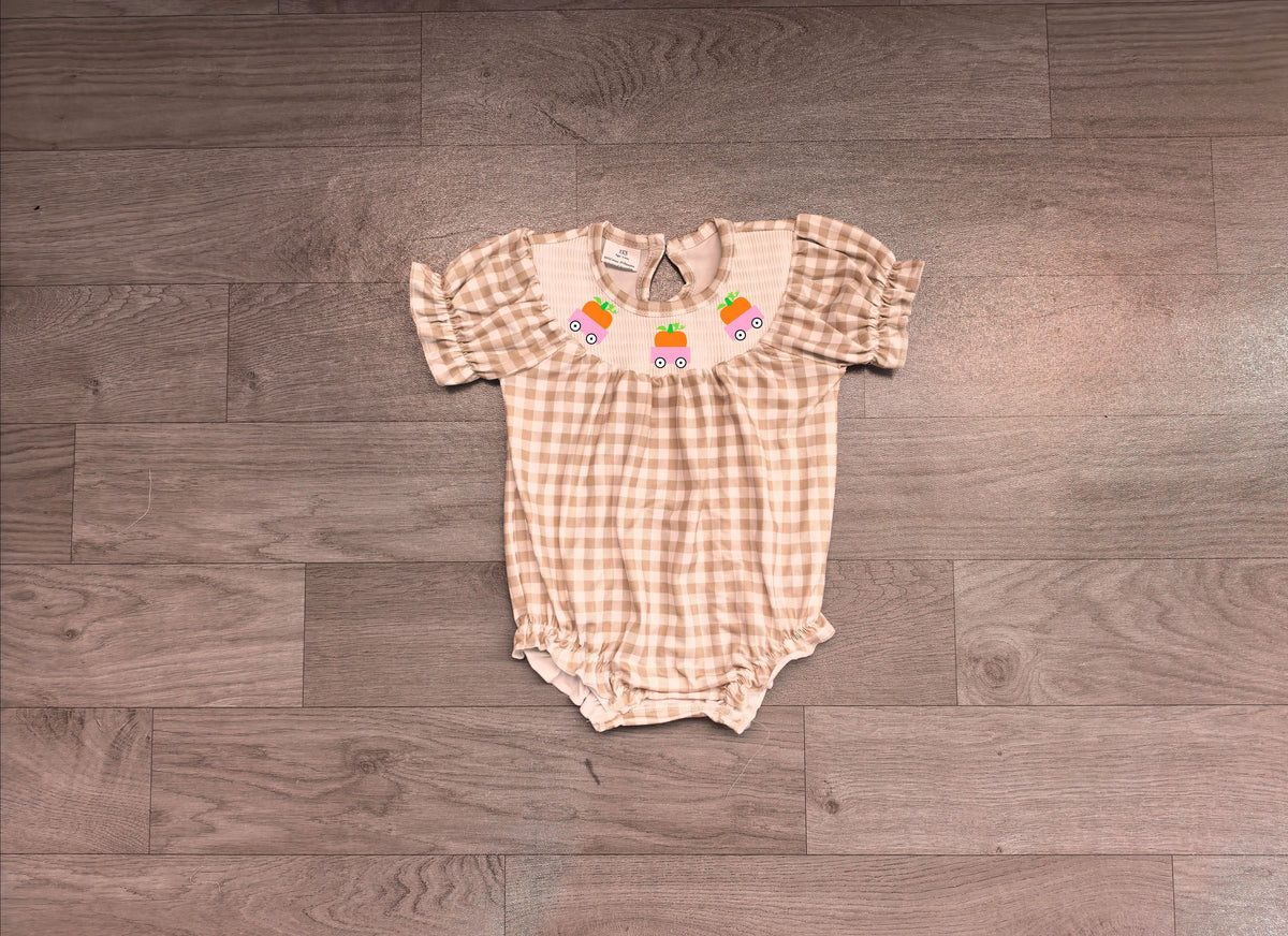 No moq Preorder Baby Girls Infant Embroidery Pumpkins Trucks Plaid Pockets Fall Bubble Romper
