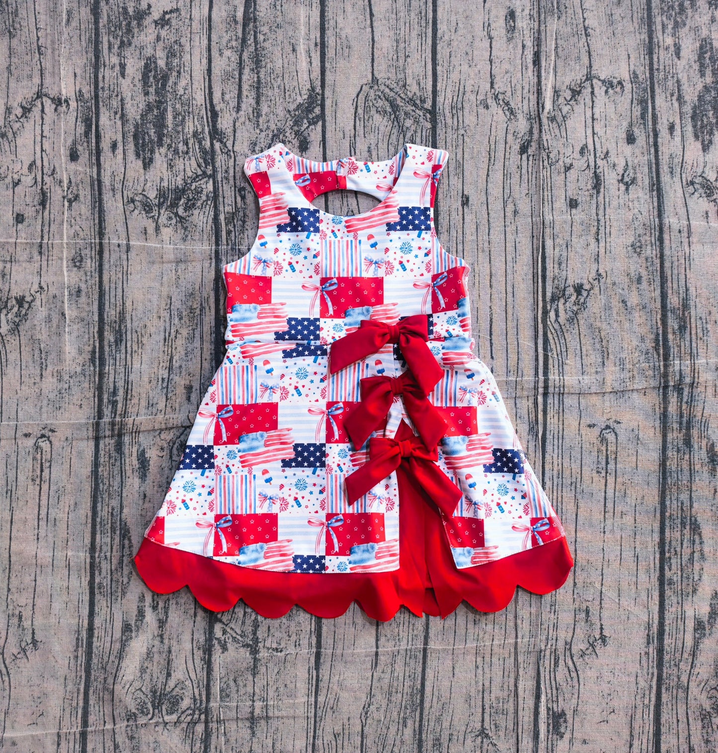 Preorder Baby Girls Flags Bows Stars 4th of July Yoga Active Shorts Knee Length Scallop Dress