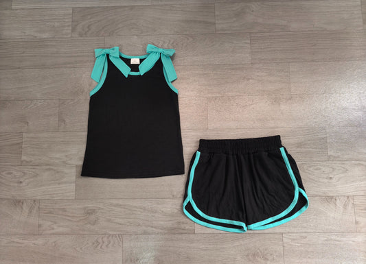 No moq Preorder Baby Girls Kids Green Trim Sleeveless Bows Shirt Shorts Black Set Summer Clothes