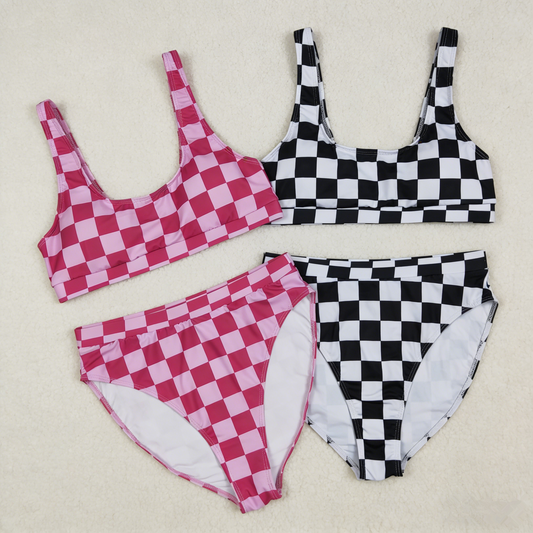 RTS Adult Women Sleeveless Checked Tops Shorts Sibling Summer Swimsuit Sets