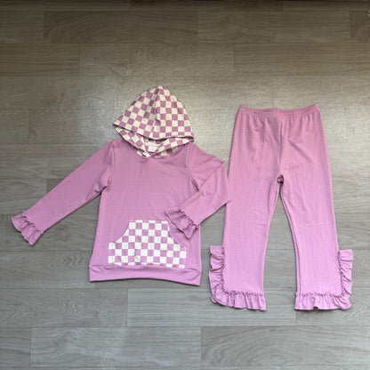 No moq Preorder Baby Girls Kids Checked Pocket Hoodie Shirt Pants Purple Set Cotton Clothes