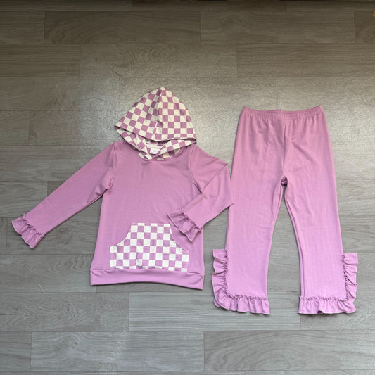 No moq Preorder Baby Girls Kids Checked Pocket Hoodie Shirt Pants Purple Set Cotton Clothes