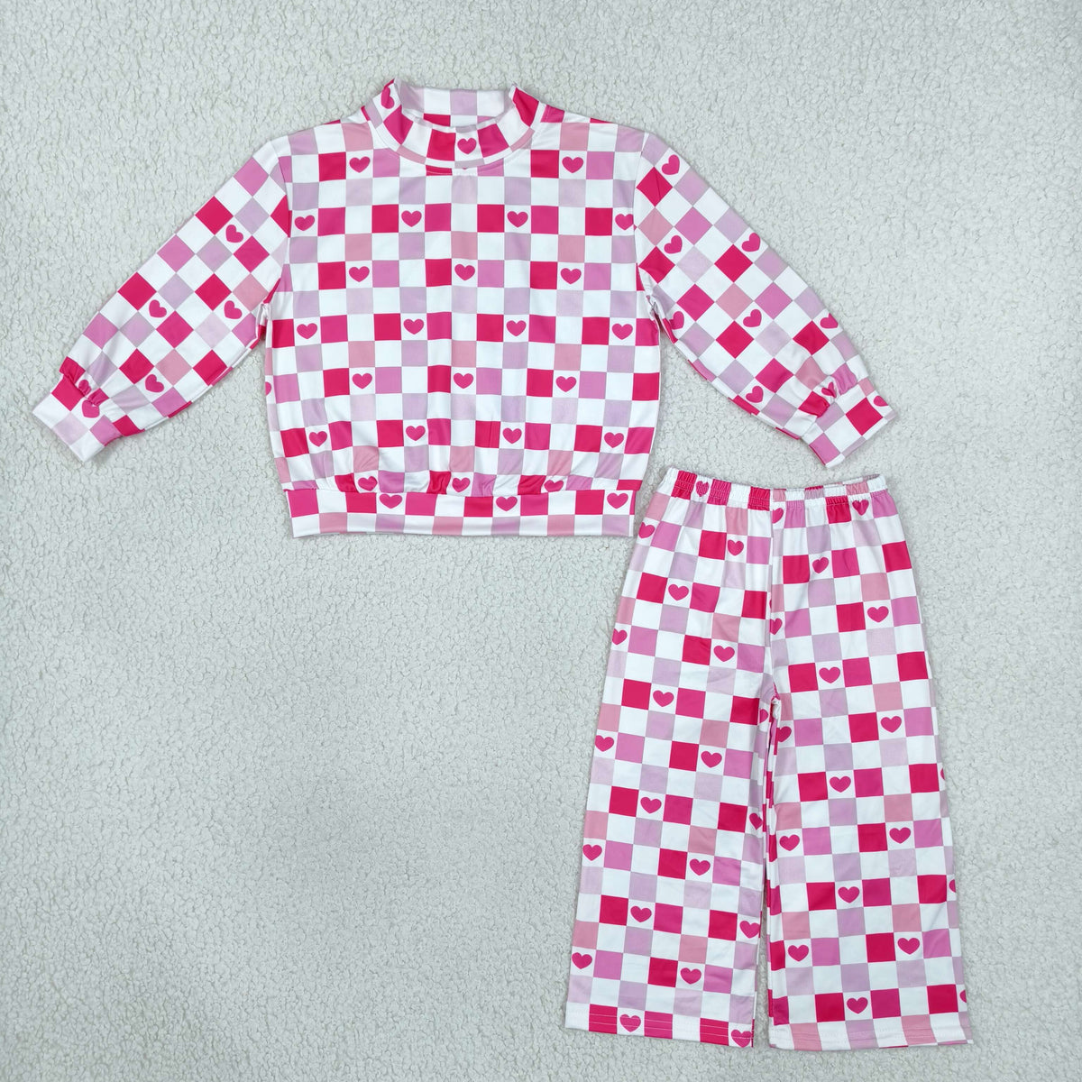 Baby Girls Kids Long Sleeves Hearts Checked Shirt Pants Set Valentine Clothes RTS