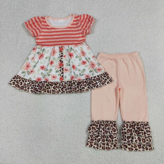 Baby Girl Short Sleeves Flower Stripes Tunic Leopard Ruffle Pants Clothes Set