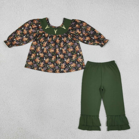 Baby Girls Kids Long Sleeves Embroidery Deer Camo Tunic Green Pants Set