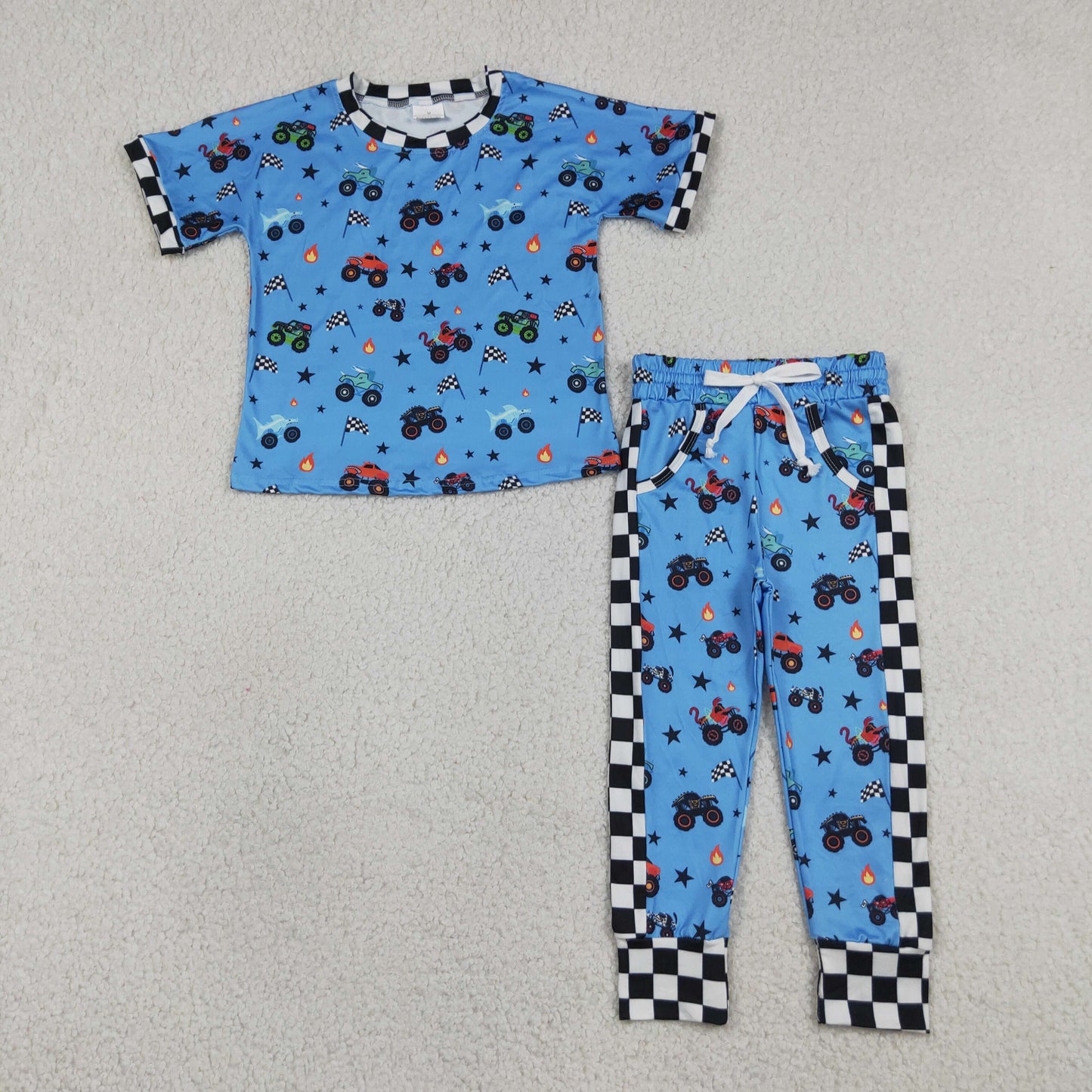 Baby Boys Kids Blue Short Sleeves Trucks Flags Shirt Pockets Pants Clothes Set