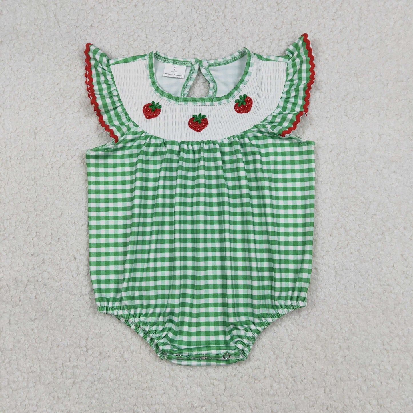 Baby Girls Infant Embroidery Strawberry Green Plaid Smocked Bubble Romper