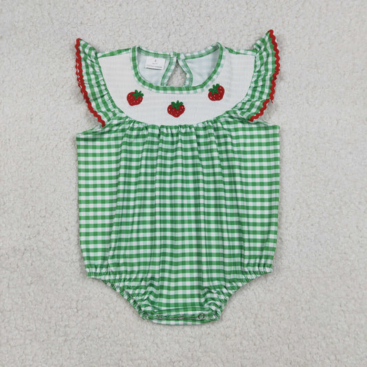 Baby Girls Infant Embroidery Strawberry Green Plaid Smocked Bubble Romper
