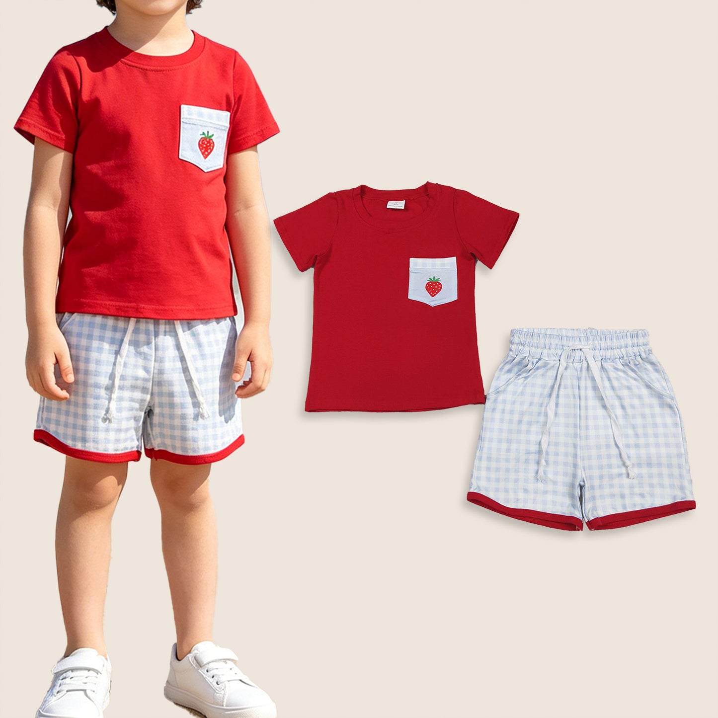 Baby Boys Short Sleeves Strawberry Red Shirt Plaid Pockets Shorts Clothes Set