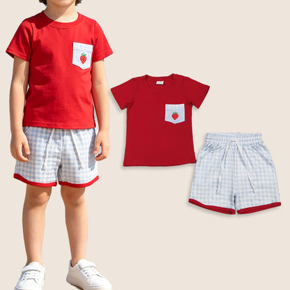 Baby Boys Short Sleeves Strawberry Red Shirt Plaid Pockets Shorts Clothes Set