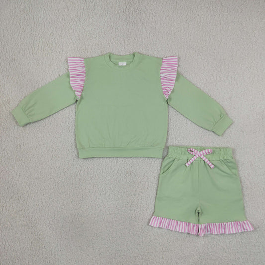 Baby Girls Kids Green Long Sleeves Tops Pockets Shorts Cotton Set Clothes