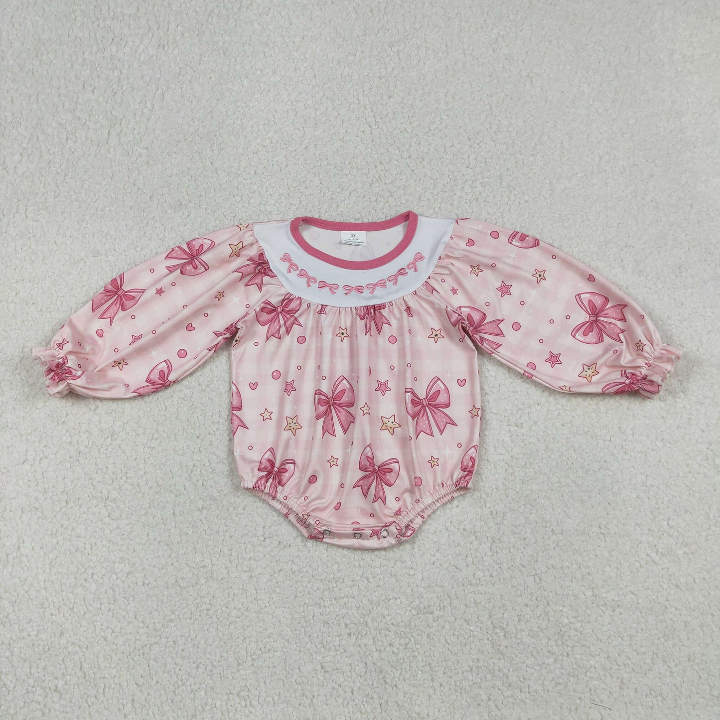 Baby Girls Infant Long Sleeves Embroidery Bows Hearts Stars Plaid Valentine Bubble Romper