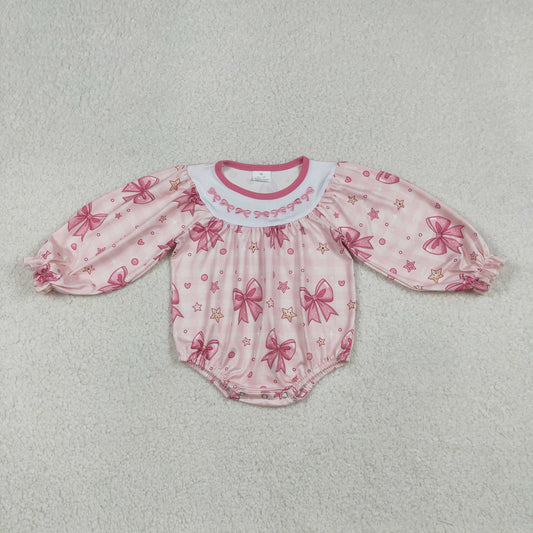 Baby Girls Infant Long Sleeves Embroidery Bows Hearts Stars Plaid Valentine Bubble Romper