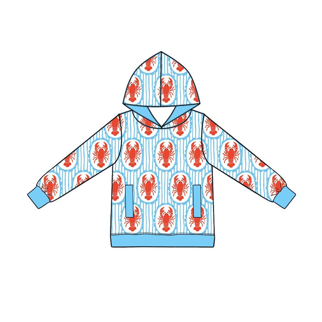 Moq 5 Preorder Baby Boys Kids Crayfish Blue Stripes Pockets Pullover Hoodie Shirt Clothes