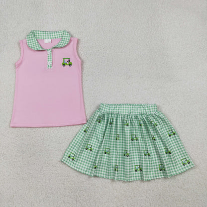 RTS Baby Girls Kids Sleeveless Embroidery Golf Truck Pink Tops Green Plaid Skirt Clothes Set
