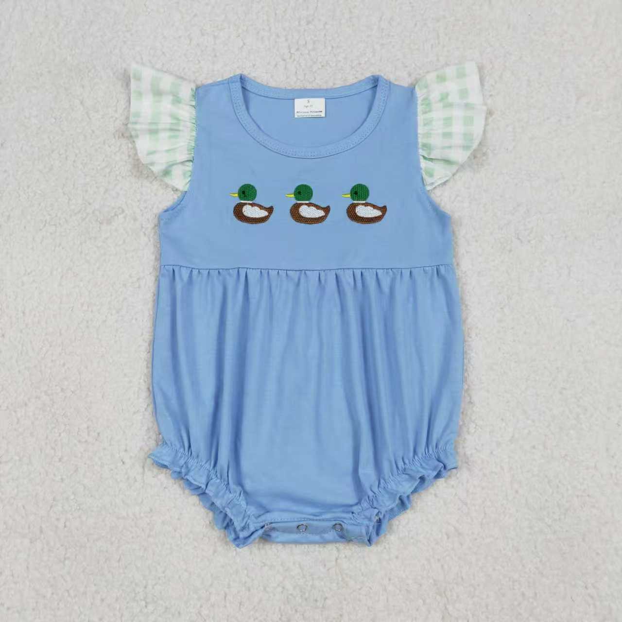 RTS Sibling Baby Girls Kids Short Sleeves Embroidery Ducks Bubble Romper Set