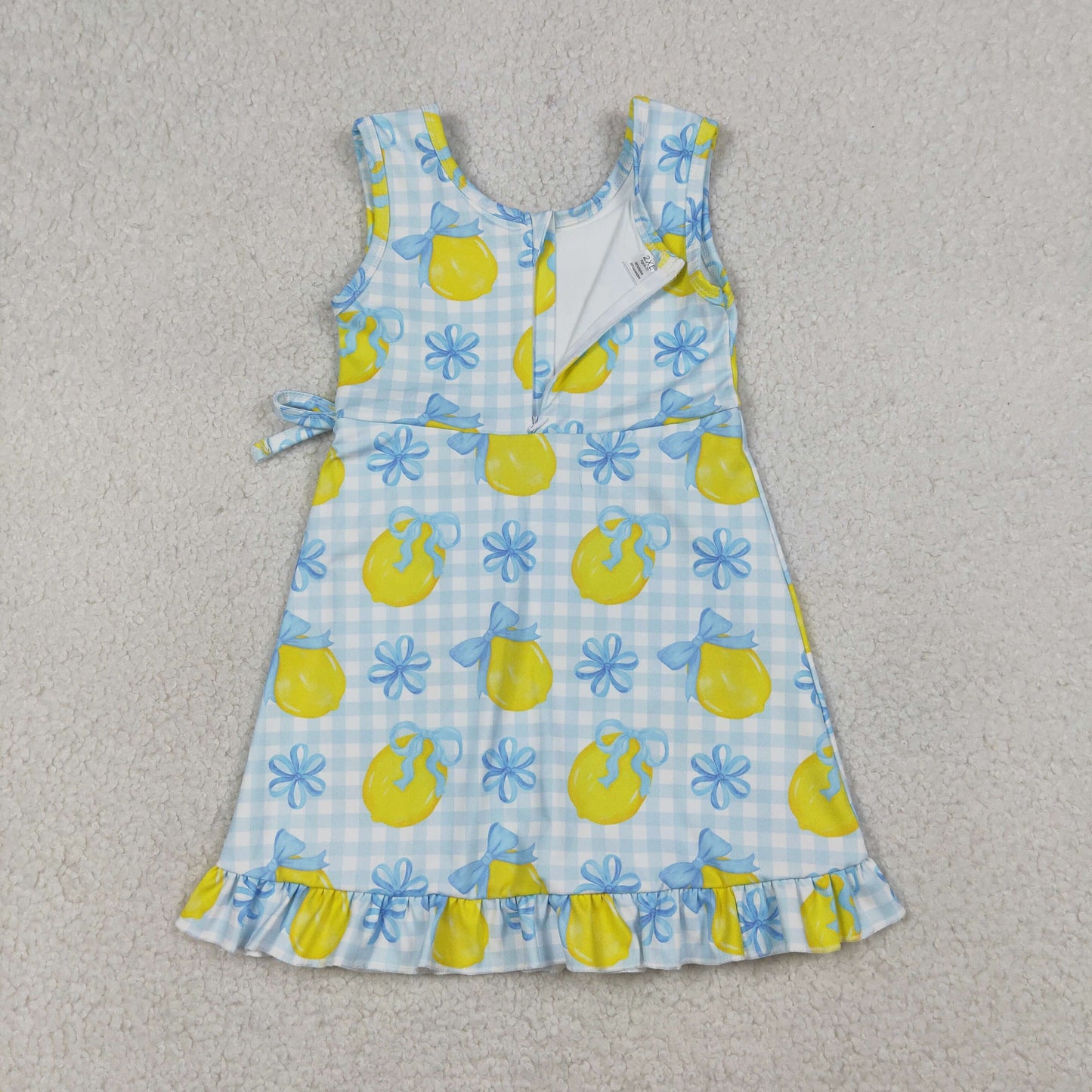 RTS Baby Girls Kids Sleeveless Lemons Bows Blue Plaid Yoga Active Shorts Knee Length Dress