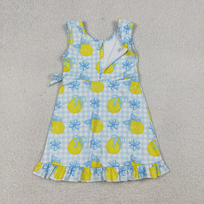 RTS Baby Girls Kids Sleeveless Lemons Bows Blue Plaid Yoga Active Shorts Knee Length Dress