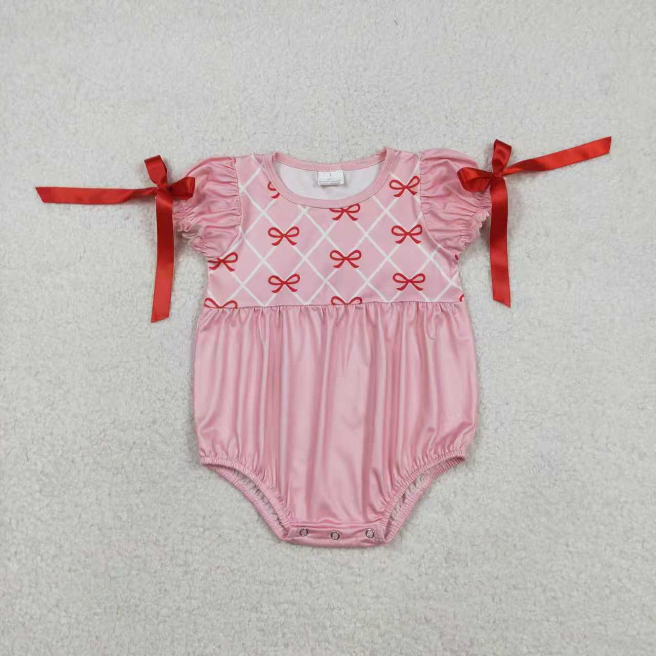 Sibling Baby Girls Kids Short Sleeves Bows Pink Bubble Romper Knee Length Dress