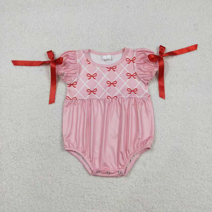 Sibling Baby Girls Kids Short Sleeves Bows Pink Bubble Romper Knee Length Dress