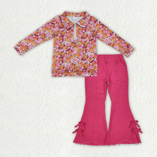 Baby Girls Long Sleeves Flower Zipper Shirt Hot Pink Jeans Denim Pants Set Clothes