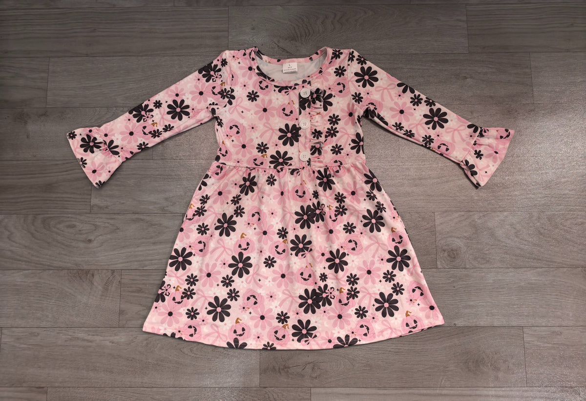 No moq Preorder Baby Girls Kids Pumpkins Bows Flower Knee Length Dress Fall Clothes