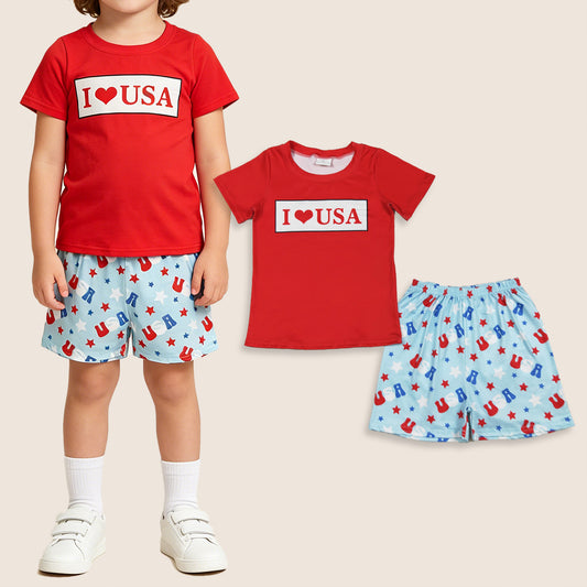 Baby Boys Kids Short Sleeves I Love USA Shirt Shorts Set 4th of July Clothes