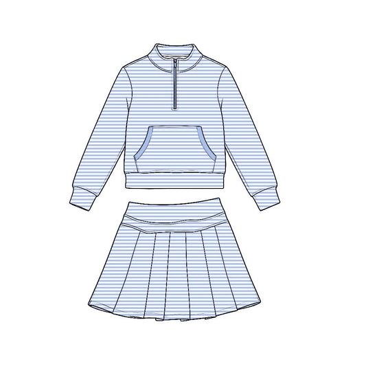 Moq 5 Preorder Baby Girls Kids Long Sleeves Blue Stripes Zipper Shirt Skirt Shorts Set Yoga Active Clothes