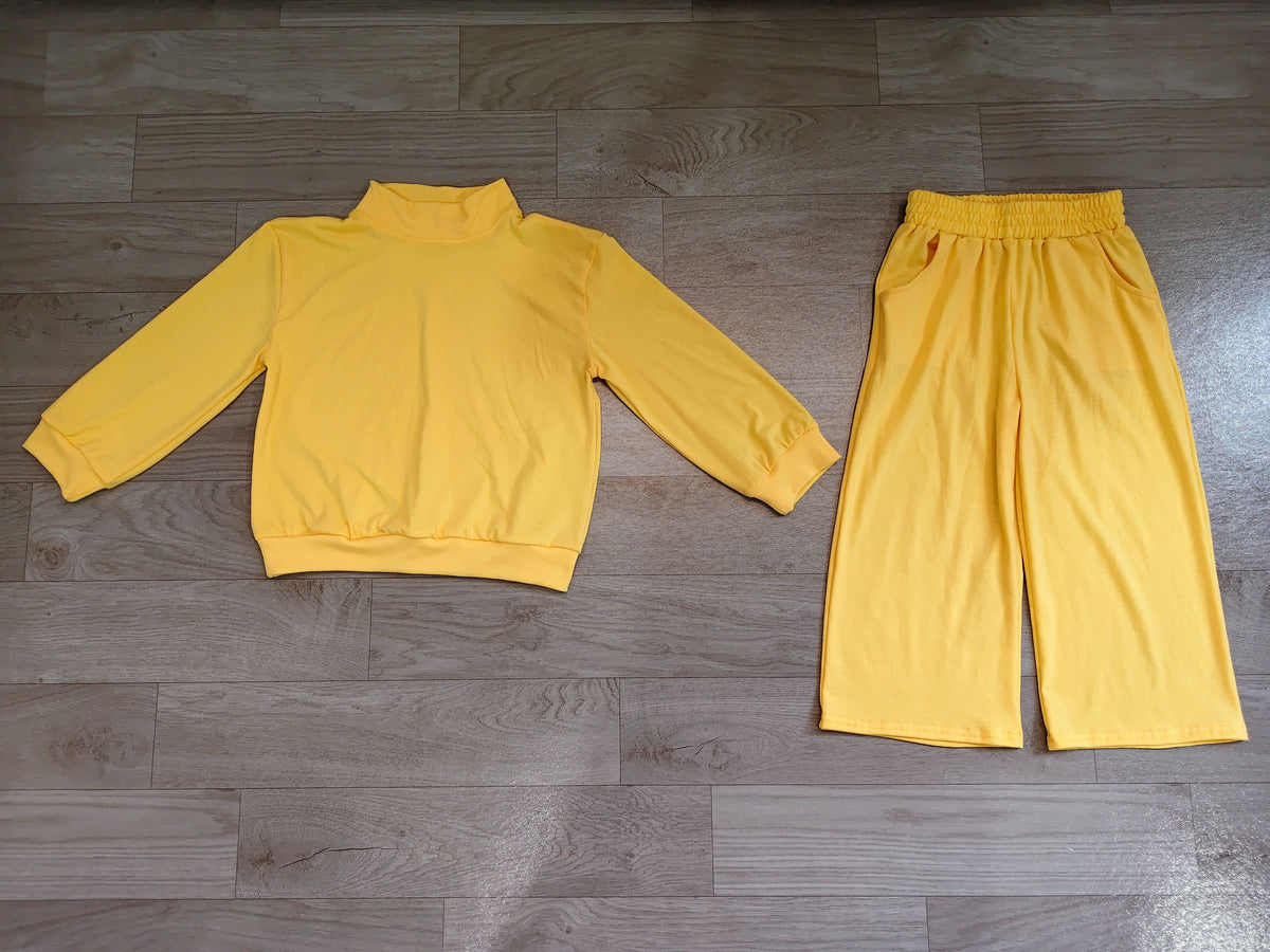 No moq Preorder Baby Girl Kids Long Sleeves Yellow Shirt Pockets Pants Set Pajamas Clothes