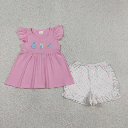 Baby Girls Kids Short Sleeves Embroidery Tunic Dots Ruffle Shorts Princess Set