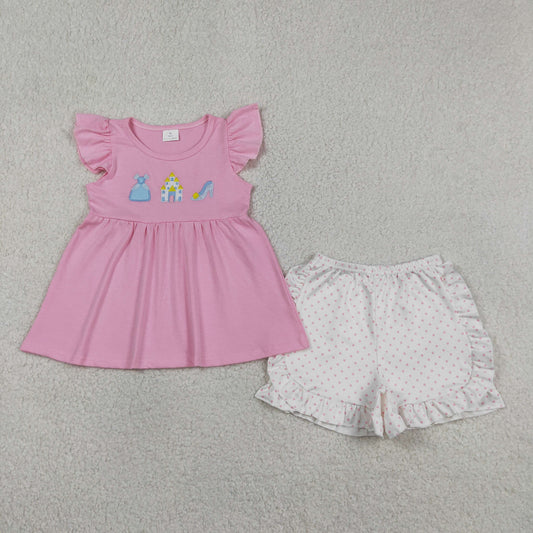 Baby Girls Kids Short Sleeves Embroidery Tunic Dots Ruffle Shorts Princess Set