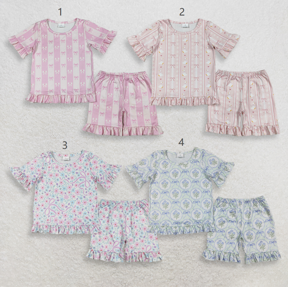 Sibling Baby Girls Kids Short Sleeves Shirts Shorts Sets Flower Bows Goose Pajamas Clothes