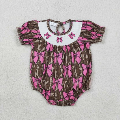 RTS Baby Girls Kids Short Sleeves Embroidery Bows Southern Camo Smocked Dress
