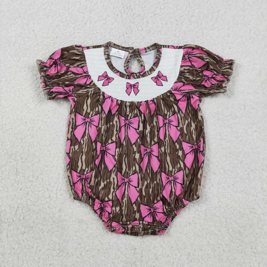 RTS Baby Girls Kids Short Sleeves Embroidery Bows Southern Camo Smocked Dress