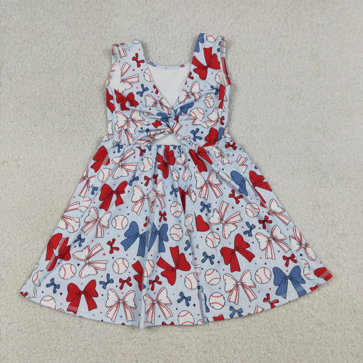 RTS Baby Girls Toddler Baseball Bows Flags 4th of July Yoga Shorts Knee Length Dress Blue Clothes