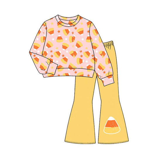 Moq 5 Preorder Baby Girls Kids Long Sleeves Candy Corn‌ Shirt Bell Pants Halloween Set Clothes