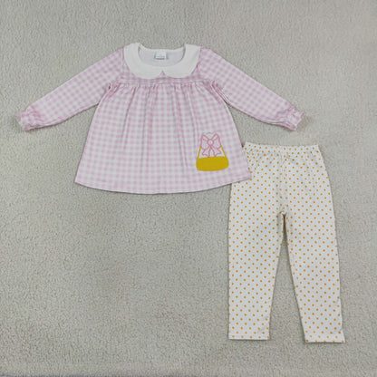Sibling Baby Girls Kids Embroidery Halloween Bows Candy Pink Plaid Romper Set Halloween Clothes
