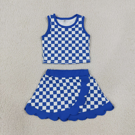 Baby Girls Kids Sleeveless Blue Checked Shirt Scallop Skirt Shorts Yoga Active Set Clothes