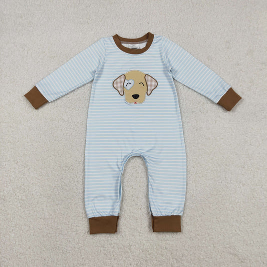 Baby Boys Infant Embroidery Dog Heart Blue Stripes Valentine's Day Romper