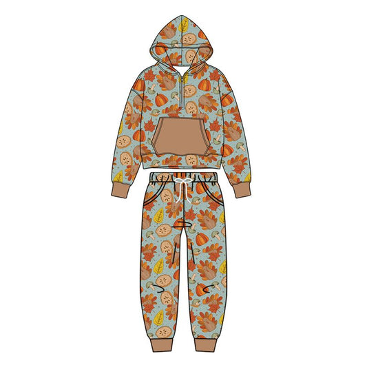 Moq 5 Preorder Baby Boys Kids turkey Pumpkins Hoodie Hoodie Zip Shirt Pockets Pants Thanksgiving Set