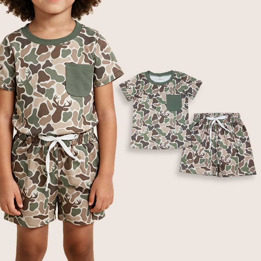 RTS Baby Boys Short Sleeves Pocket Shirt Deer Green Camo Shorts Clothes Set