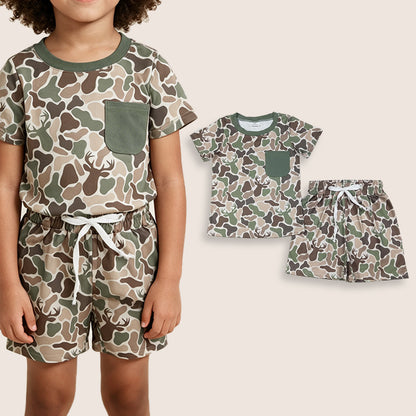 RTS Baby Boys Short Sleeves Pocket Shirt Deer Green Camo Shorts Clothes Set