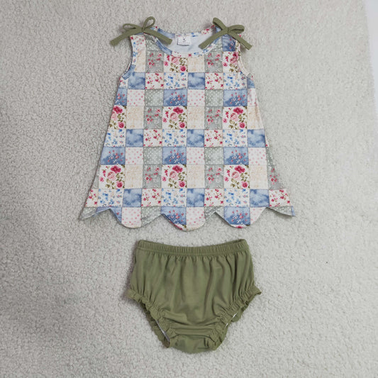 Baby Girl Kids Sleeveless Flower Tops Green Bummie Shorts Set Clothes
