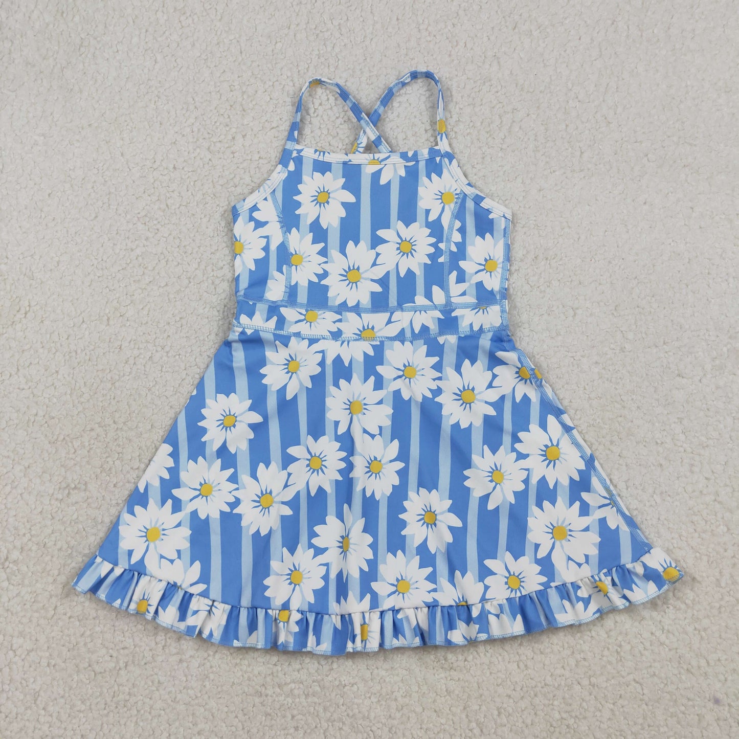 RTS Baby Girls Kids Sleeveless Flower Blue Stripes Yoga Knee Length Yoga Dress