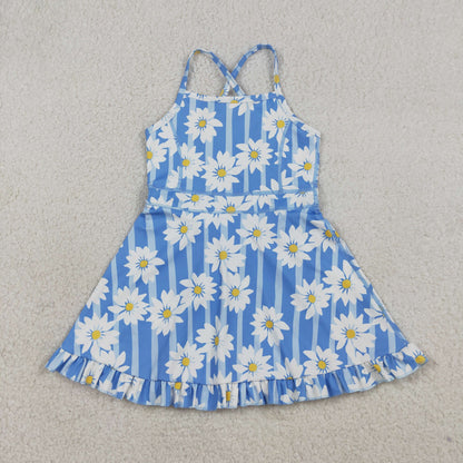 RTS Baby Girls Kids Sleeveless Flower Blue Stripes Yoga Knee Length Yoga Dress