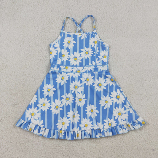 RTS Baby Girls Kids Sleeveless Flower Blue Stripes Yoga Knee Length Yoga Dress